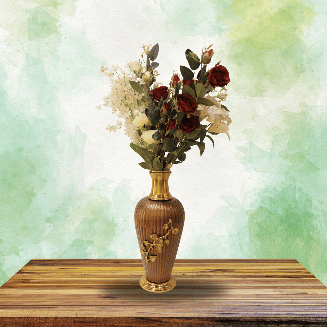 Premium Brown Ribbed Vase with Golden Floral Detailing