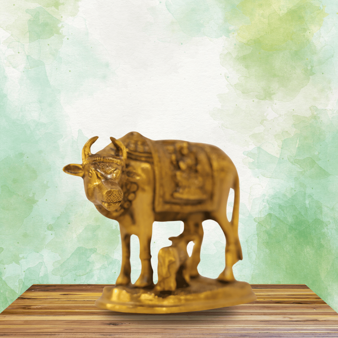 Antique Brass Golden Nandi Cow and Calf Idol Statue