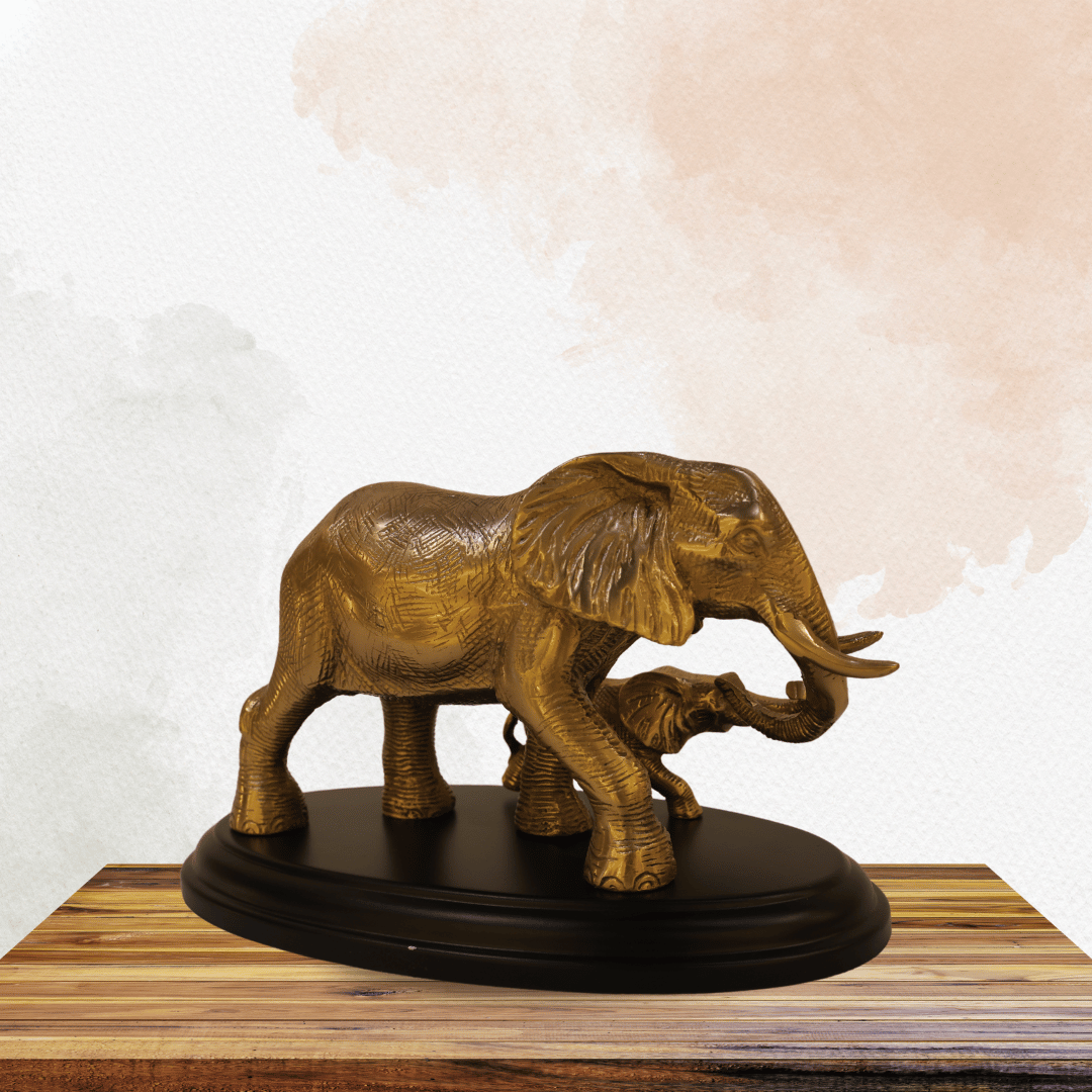 Golden Elephant with Calf Sculpture