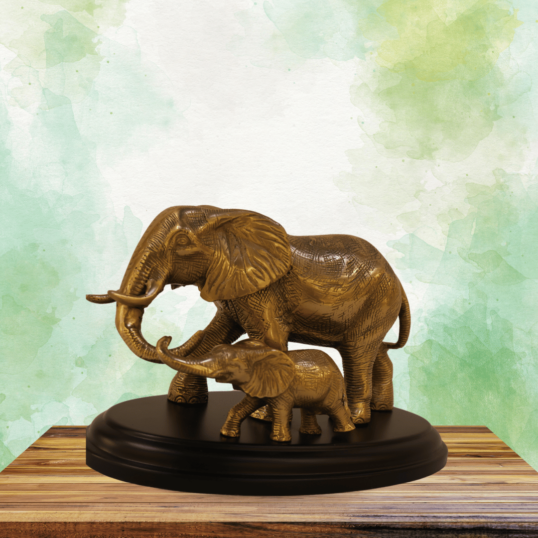 Golden Elephant with Calf Sculpture
