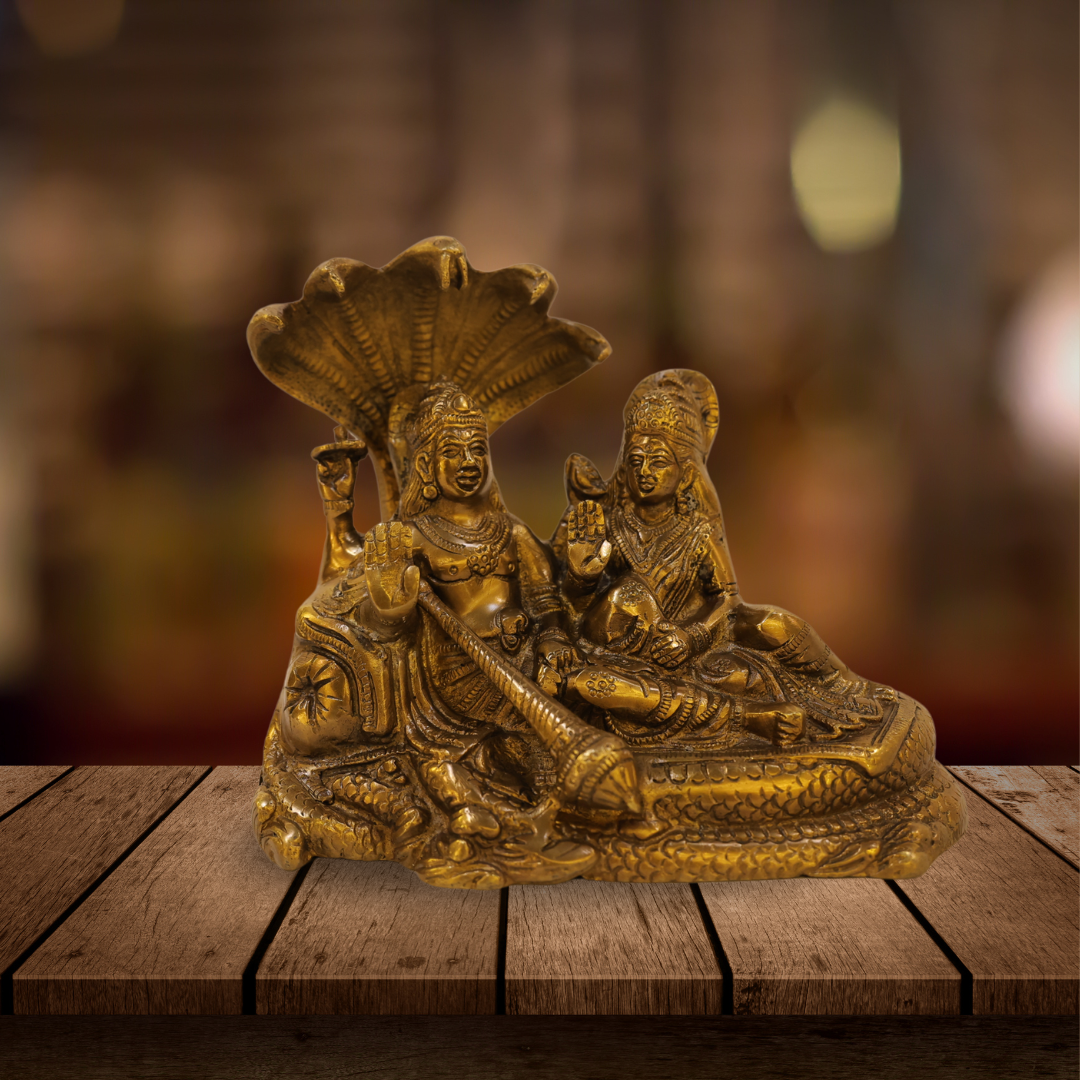 Vishnu and Goddess Lakshmi Seated on Sheshnag Brass Statue