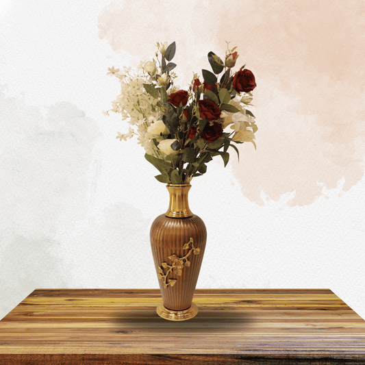 Premium Brown Ribbed Vase with Golden Floral Detailing