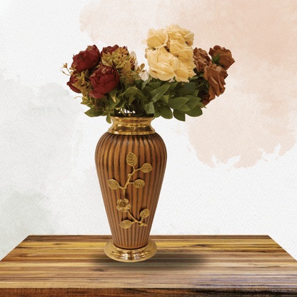 Elegant Brown Textured Vase with Golden Floral Embellishments