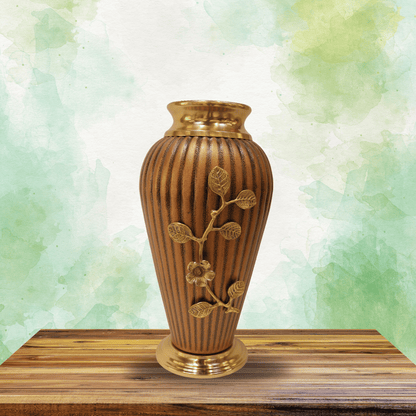 Elegant Brown Textured Vase with Golden Floral Embellishments