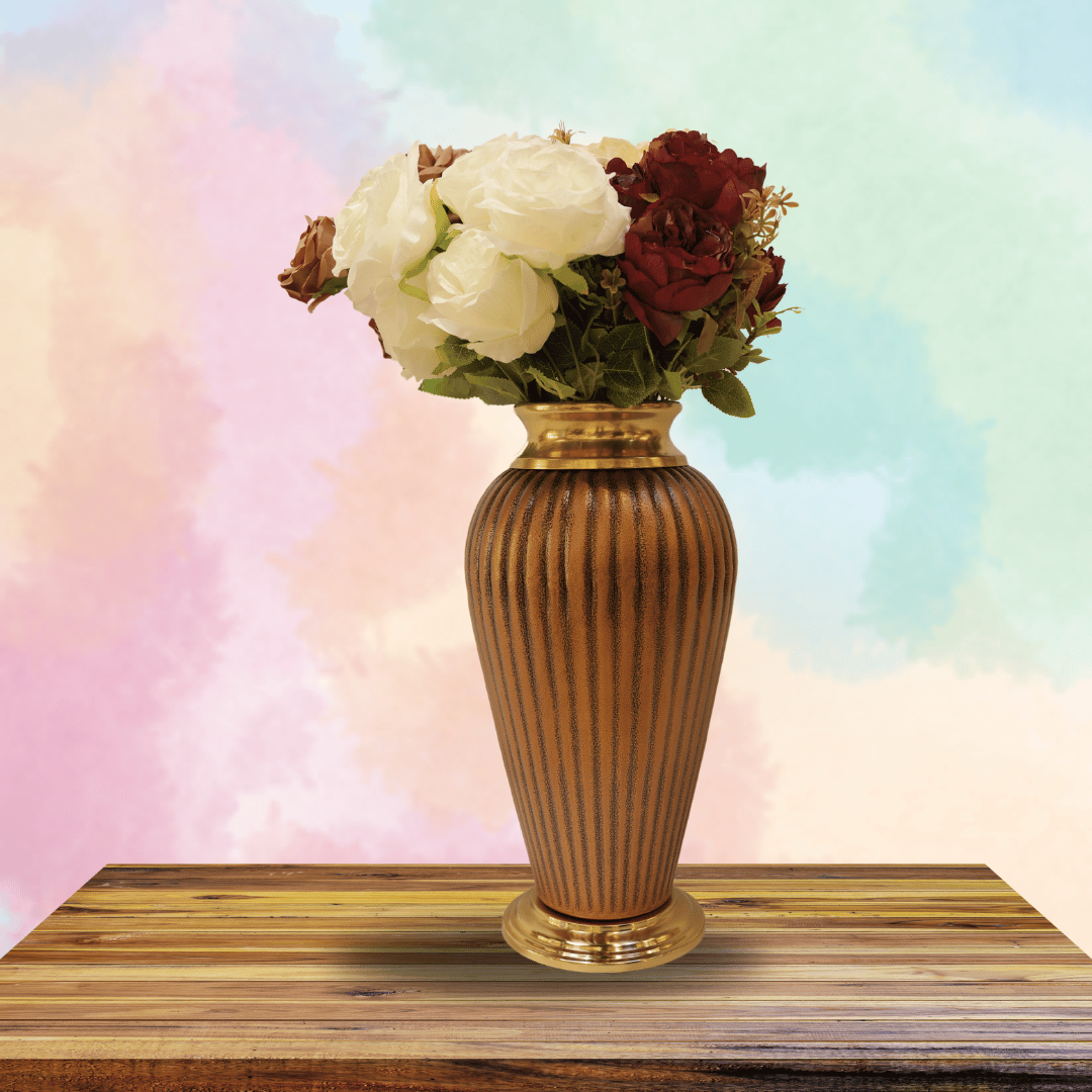 Elegant Brown Textured Vase with Golden Floral Embellishments