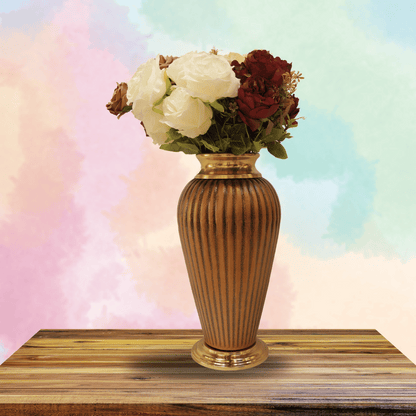 Elegant Brown Textured Vase with Golden Floral Embellishments