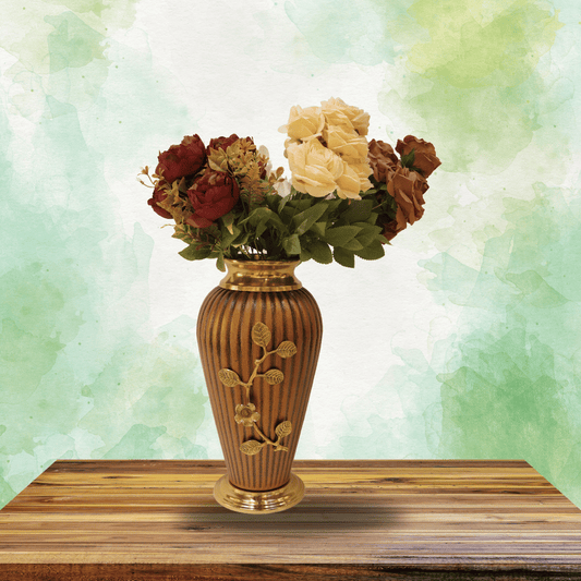 Elegant Brown Textured Vase with Golden Floral Embellishments