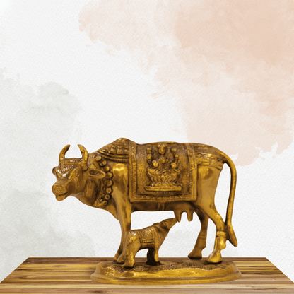 Antique Brass Golden Nandi Cow and Calf  Idol Statue