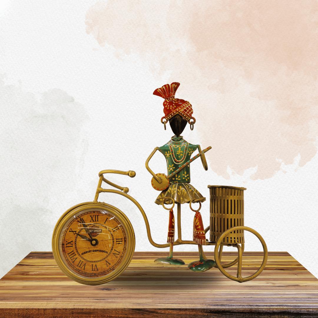 Handcrafted  Tricycle Desk Clock with Pen Holder