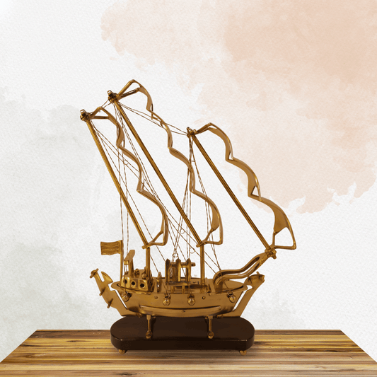 Brass Ship Decorative Showpiece with Wooden Base