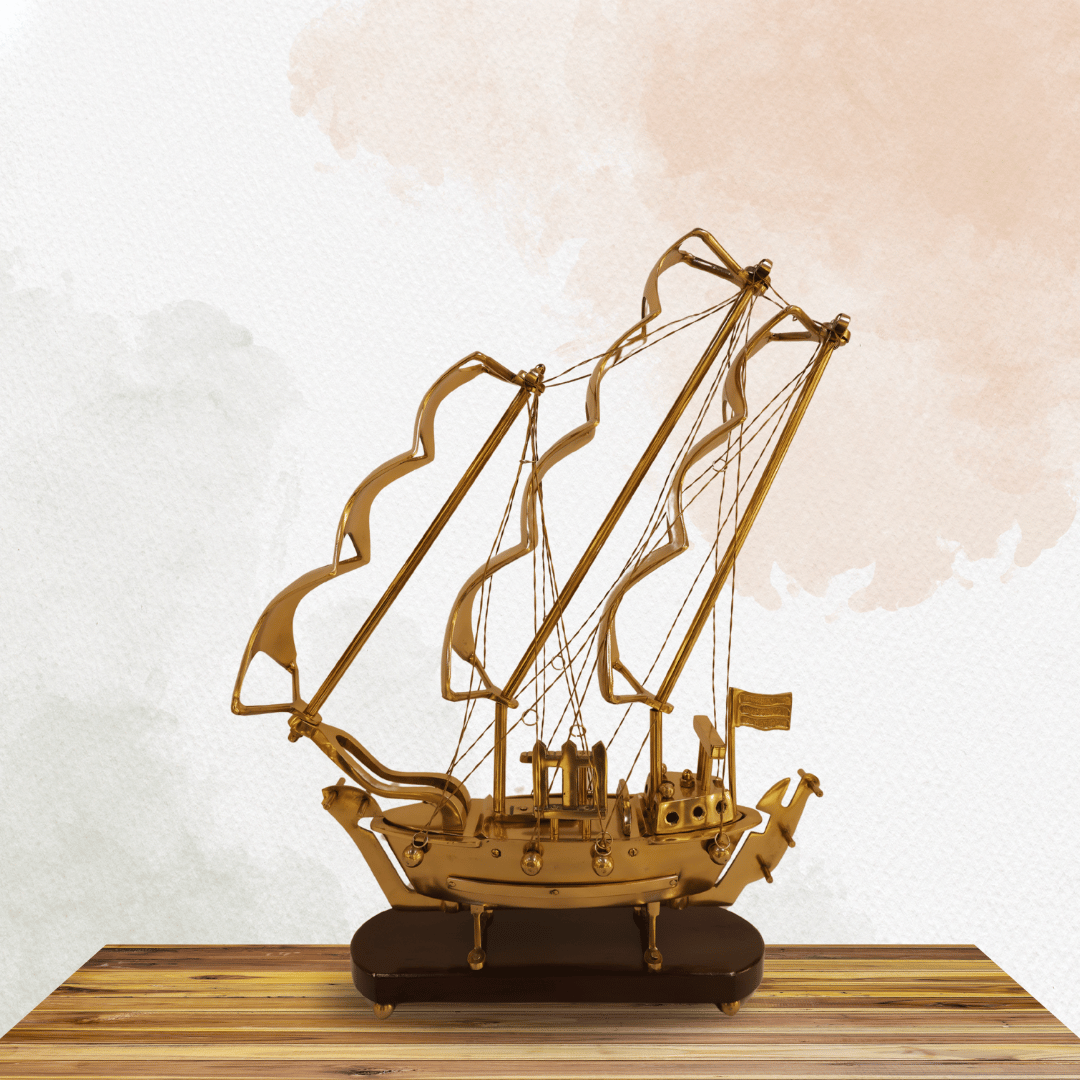 Brass Ship Decorative Showpiece with Wooden Base