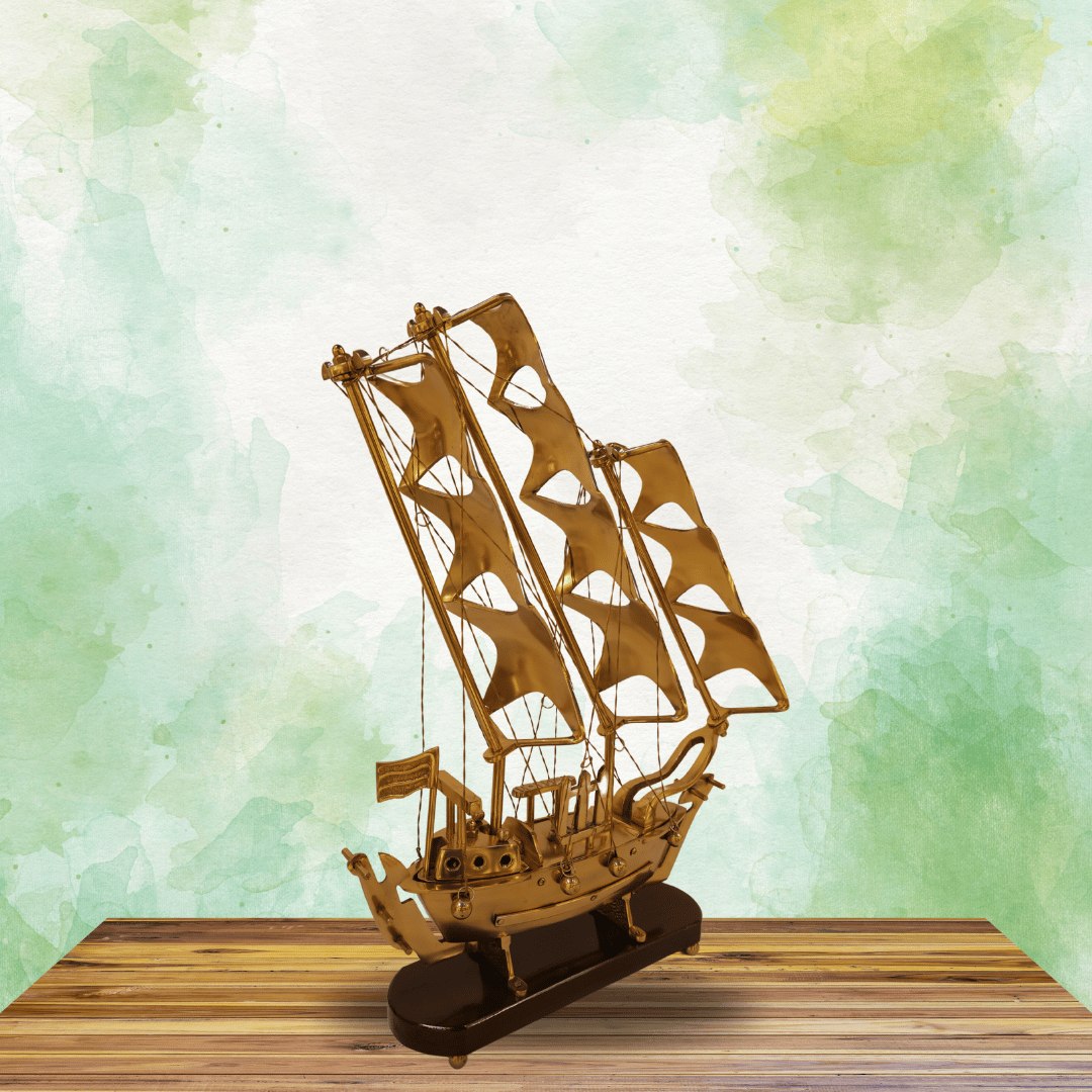 Brass Ship Decorative Showpiece with Wooden Base