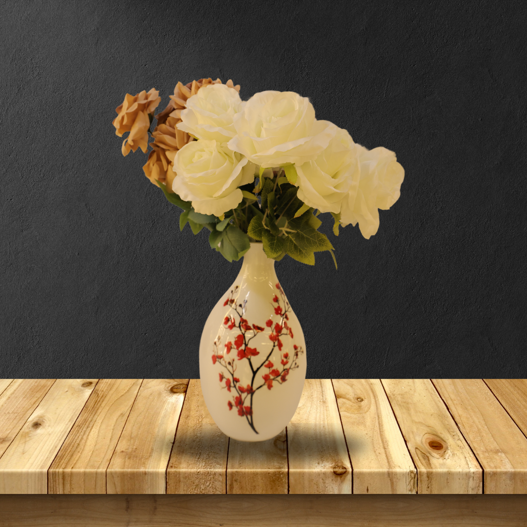 Metal vase in White colour with floral design