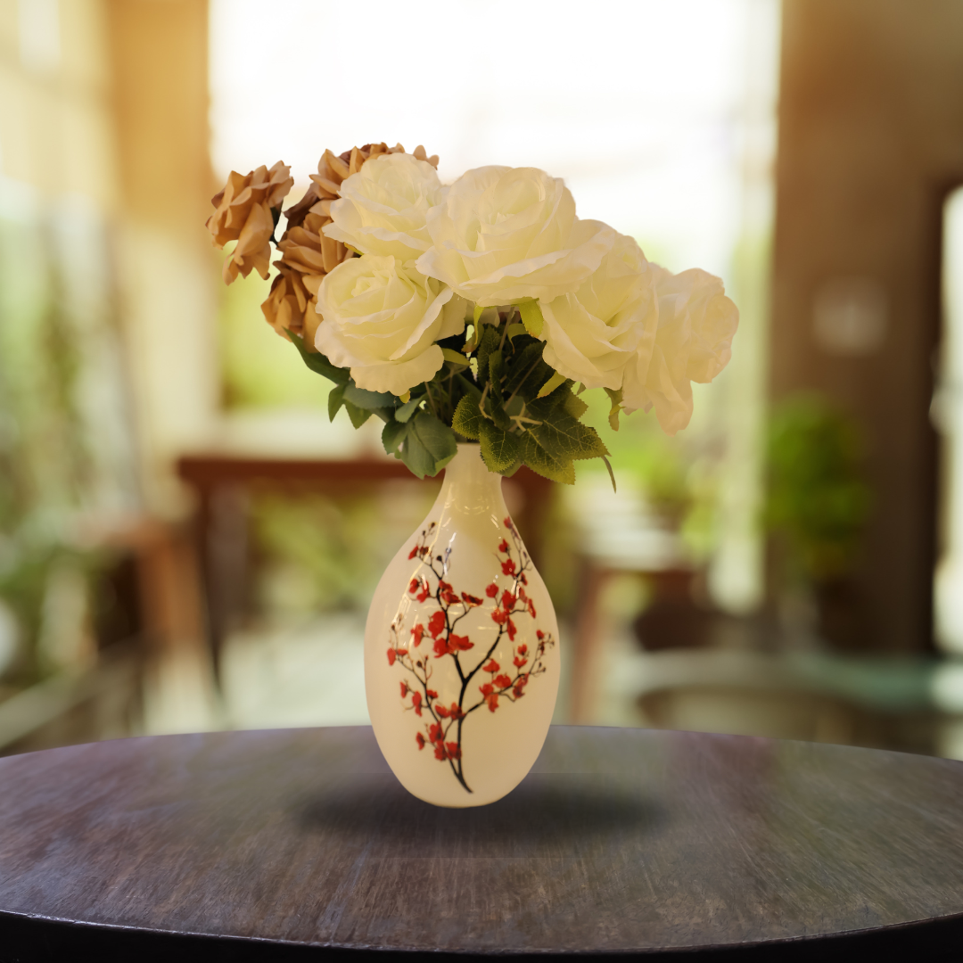 Metal vase in White colour with floral design