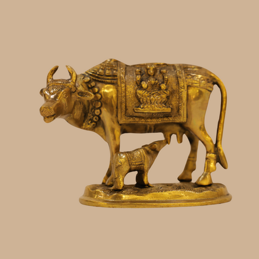 Antique Brass Golden Nandi Cow and Calf  Idol Statue