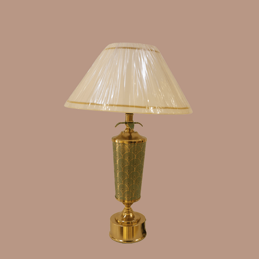 Luxurious Gold Table Lamp with Green Intricate Pattern and Classic White Shade